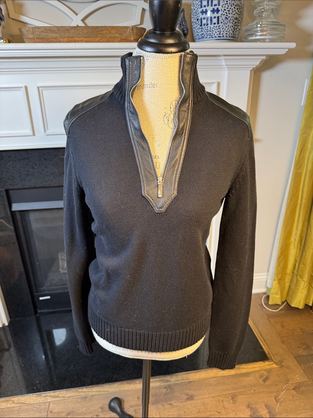Lauren Ralph Lauren Black Half-Zip Sweater with Leather Trim medium